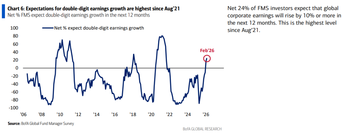 Ankieta BofA luty 2026, oczekiwania zysków
